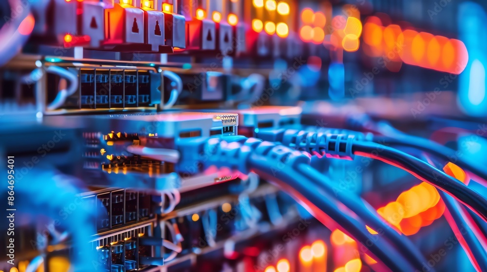 Poster network server hub with cables and flashing lights. concepts. technology, data, internet, connectivi