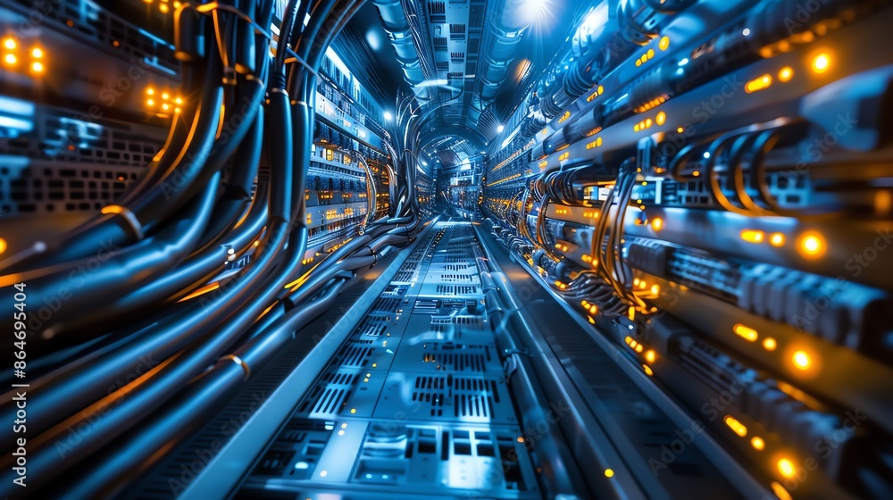 Poster futuristic server room with glowing lights and complex network cables, concept of big data, cloud co