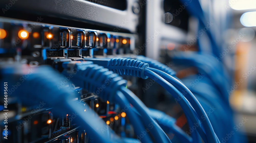 Poster network server rack with blue ethernet cables and flashing lights, representing data storage, cloud 