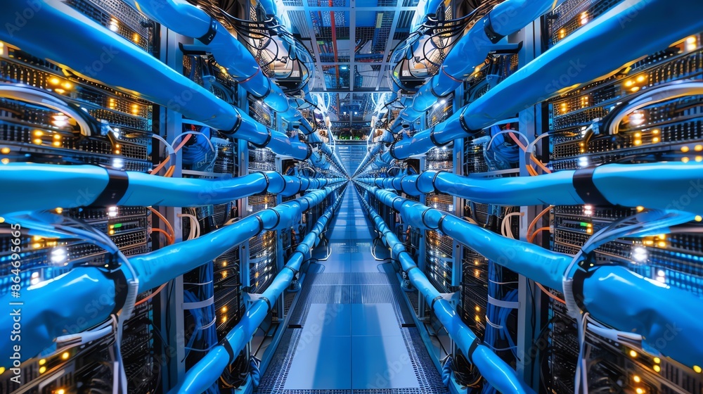 Poster modern data center with rows of servers and network equipment, concept of cloud computing, big data,
