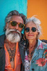Obraz premium A vibrant and colorful photo of an elderly, eccentric, tattooed hipster couple dressed in stylish outfits