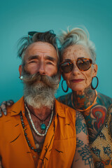 A vibrant and colorful portrait of an extravagant, eccentric, tattooed hipster couple dressed in stylish outfits