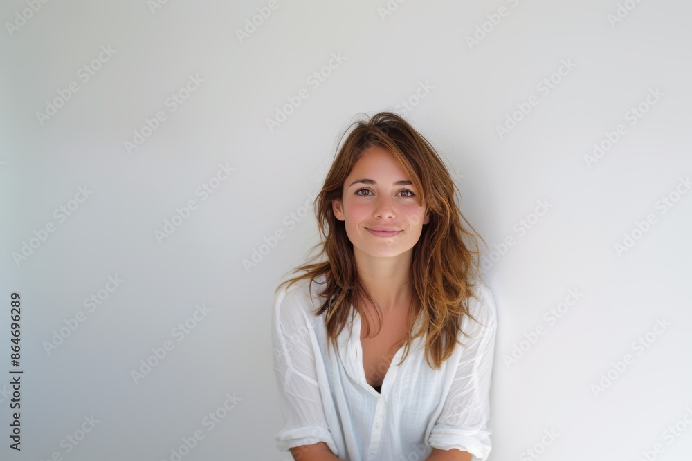 Wall mural Smiling Woman in White Shirt with Copy Space. Generative AI.