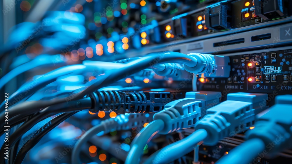 Poster close up of network cables connected to servers in a data center. concepts. technology, internet, da
