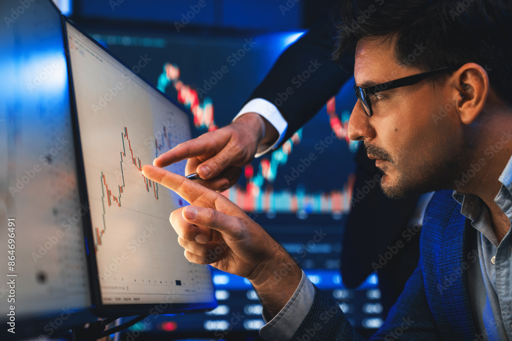 Poster stock trader pointing highest stock market on dynamic valued analysis with coworker on monitor real 