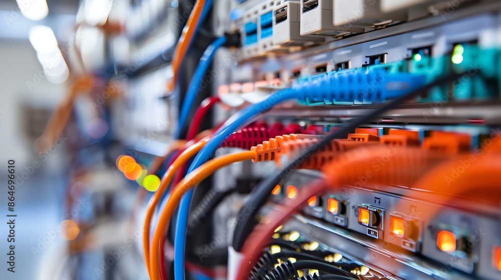 Poster close-up of network server with cables and blinking lights. concepts. data center, network security,