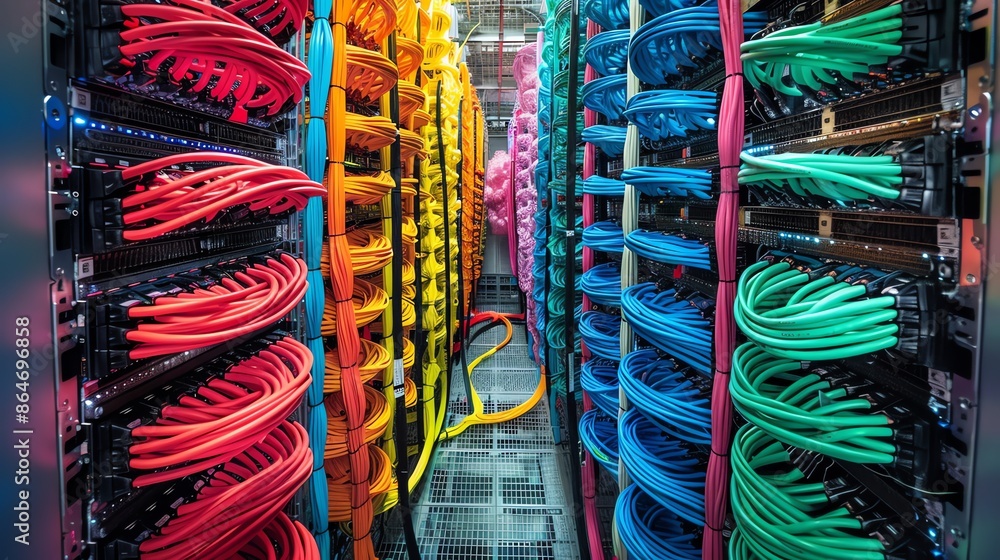 Poster colorful network server cables. data center with organized server rack for cloud computing, hosting,