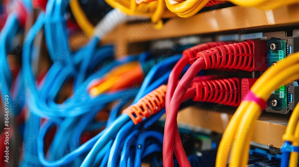 Poster close-up of colorful network cables connected to a server rack. concepts. data center, networking, i