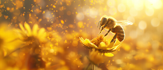 Macro View of Bee Collecting Pollen from Sunflower, Blurred Field Background