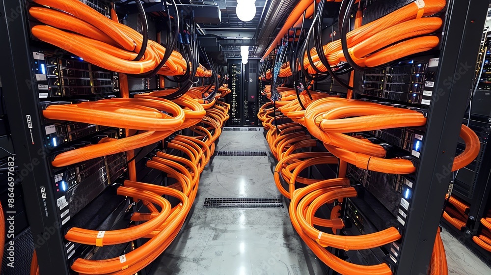 Poster modern data center with rows of server racks and network cables, technology and data storage concept