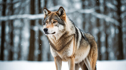 Naklejka premium portrait of a brown wolf looking in the forest