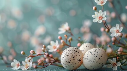 Fototapeta premium easter flat lay vertical composition easter eggs flowers easter bunny on pastel green background.illustration