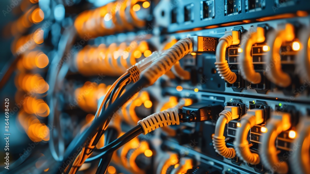 Aufkleber network server equipment in data center with cables and connections. concept of cloud computing, big