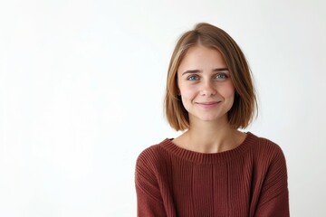 Obraz premium Smiling Woman in Red Sweater with Copy Space. Generative AI.