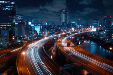 Fototapeta premium Explore Dynamic Timelapse of a Busy Highway at Night, Capturing Stunning Light Trails and Vibrant Urban Energy Experience the Thrill of City Life Through Breathtaking Night Photography