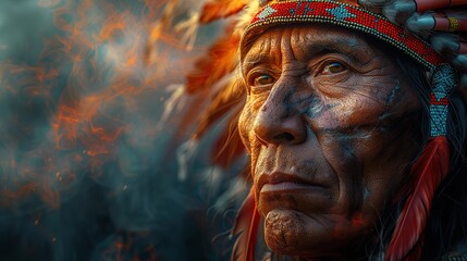 native american indian man with headdress digital art.stock photo