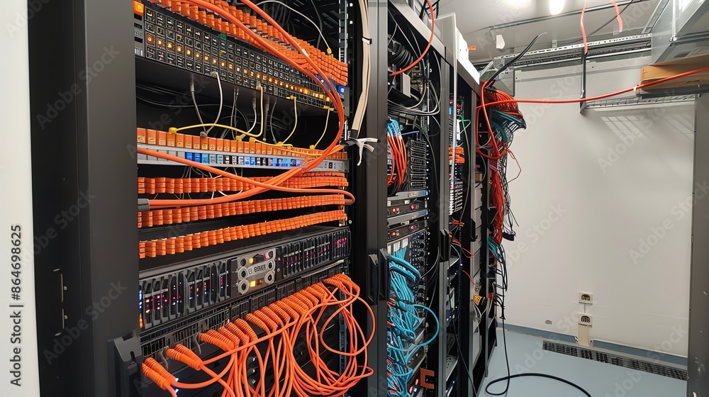 Poster server room with network cables and hardware. concept of data center, cloud computing, and technolog