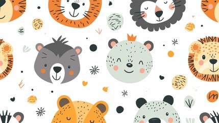 Cute seamless pattern with cartoon animal faces, perfect for kids' products and fabrics.