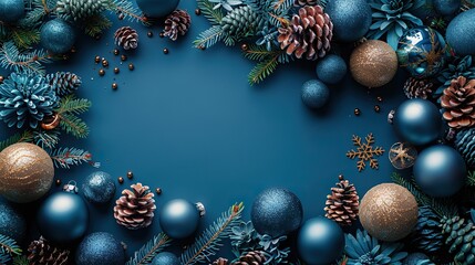 christmas holiday flat lay composition with blue decorations on blue background xmas banner mockup with copy space.image
