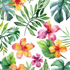 Watercolor tropical floral seamless pattern with pink, yellow and purple hibiscus flowers and green leaves on white background.