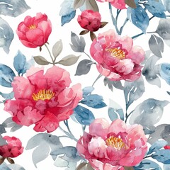 Watercolor floral seamless pattern with pink peonies and blue leaves on white background. Perfect for fabric, wallpaper, and packaging.