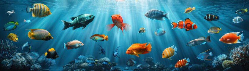 Naklejka premium Explore the Aquatic Wonder Underwater Photograph of Colorful Fish and Marine Life Capturing the Beauty and Diversity of Oceanic Ecosystems in Stunning Detail for Nature Enthusiasts and Photographers