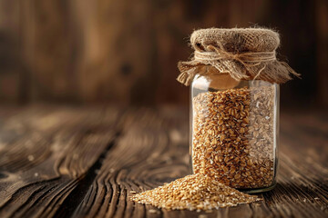 glass jar of natural rye steel cut oats whole grain sand on a wooden table
