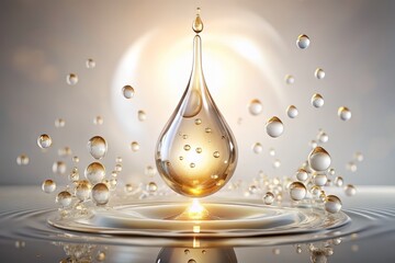 A solitary, translucent 3D serum drop suspended in mid-air, surrounded by tiny water droplets, glistens on a pristine white background, showcasing essence oil's luxurious beauty.