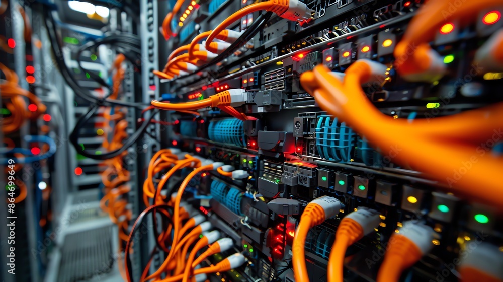 Poster network server hub with cables and lights. data center technology