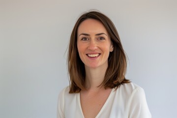 Fototapeta premium Smiling Woman in White Blouse. Generative AI.