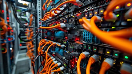 Network Server Hub with Cables and Lights. Data Center Technology