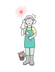 夏にガーデニングをしていたら熱中症になる高齢女性のイラスト