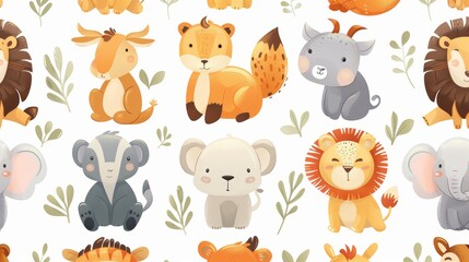 Seamless pattern with cute cartoon animals and leaves on a white background.  Perfect for kids' projects.