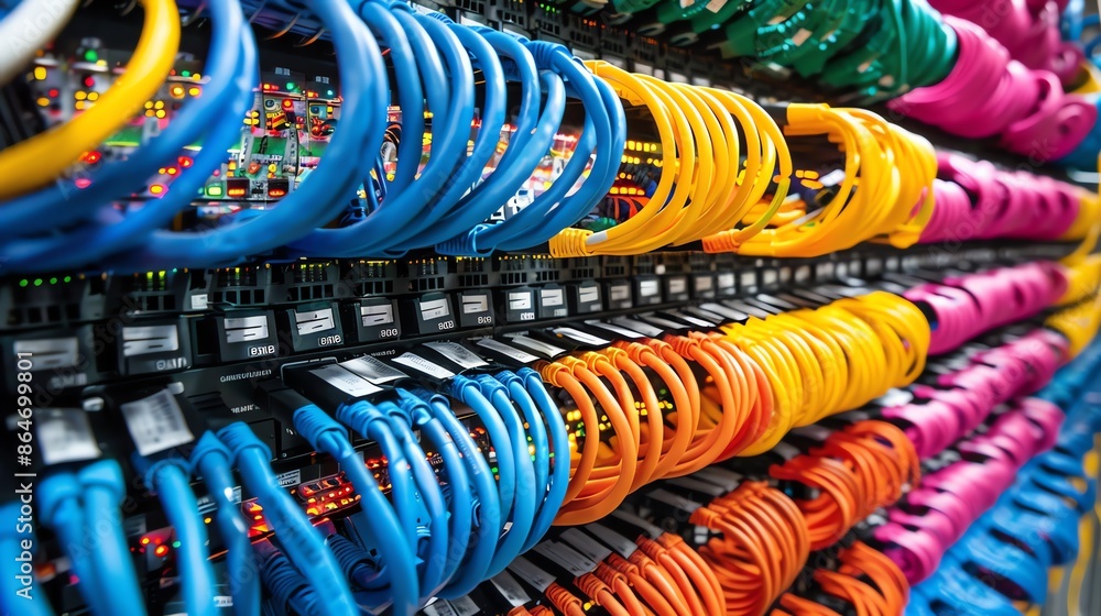Poster close up of colorful network cables connected to a server rack. concept of data center, cloud comput