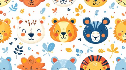 Fototapeta premium Cute seamless pattern with colorful animal faces and leaves on white background. Perfect for kids' products, textiles, and wallpaper.