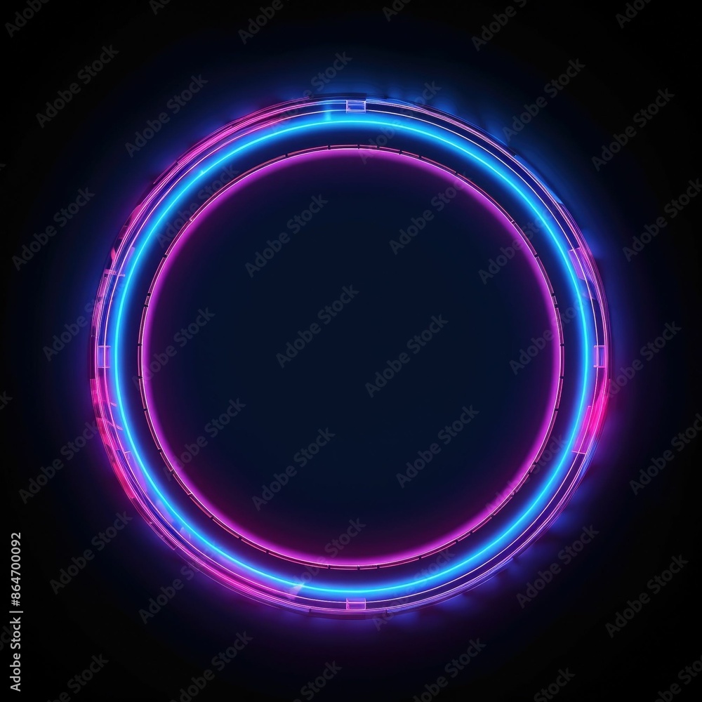 Poster circular neon light rings on dark background with reflective surface. contemporary design for vibran