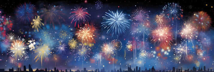 Fototapeta premium Dazzling Nightly Spectacle: A Colorful Firework Display Illuminating the Pitch-Black Sky