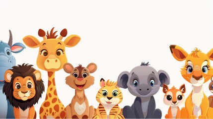 Naklejka premium Cute cartoon animals with smiling faces on a white background. Perfect for children's books, cards, and other projects.