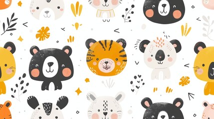 Cute seamless pattern with animal faces and floral elements. Perfect for kids, fabric, wallpaper, and more.