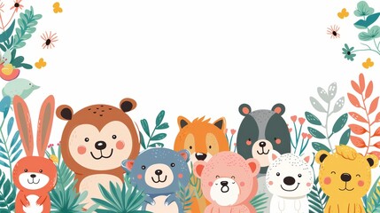 Fototapeta premium Cute cartoon animals with floral border, perfect for kids' projects, invitations, or social media.
