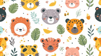 Cute seamless pattern with animal faces and floral elements on a white background. Perfect for kids' clothing, wallpaper, and fabric.