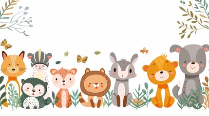 Obraz premium Cute cartoon animals, fox, cat, owl, tiger, lion, rabbit, dog, with leaves and butterflies on white background. Perfect for children's products.