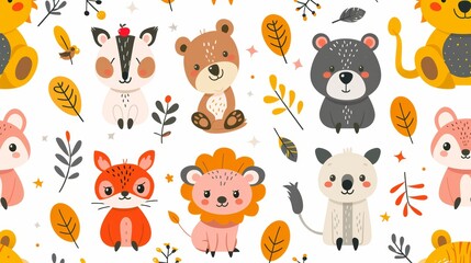 A seamless pattern featuring cute cartoon animals and autumn leaves.  Perfect for kids' clothing, fabric, or wallpaper.