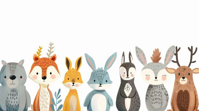 Cute watercolor woodland animals, including a bear, foxes, a rabbit, a deer, and a reindeer, standing in a line on a white background.