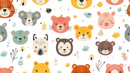 Cute animal faces seamless pattern on a white background. Perfect for kids' products, fabrics, and home decor.