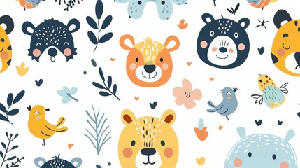 A cheerful seamless pattern with cute animal faces, birds, and floral elements on a white background.