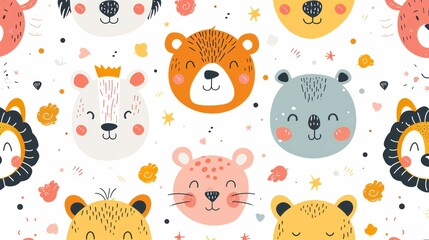 A seamless pattern of cute animal faces in bright colors. Perfect for kids' products, textiles, and more.