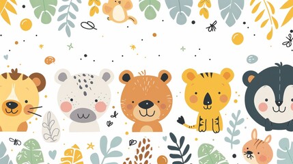 Cute cartoon animals with jungle leaves and flowers on a white background.  Perfect for kids' decor, cards, or patterns.