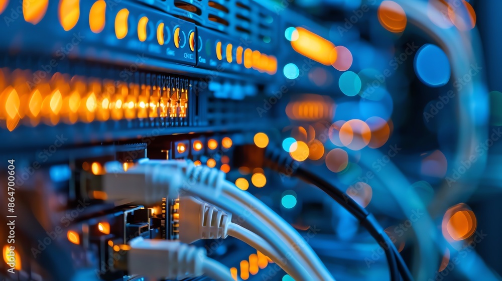Poster network server room with bright cables and flashing lights. concept of big data, cloud computing, in