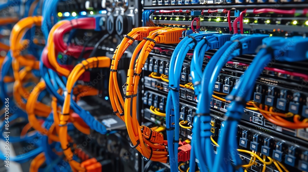 Aufkleber close-up of a server rack with colorful network cables, representing data center, cloud computing, a
